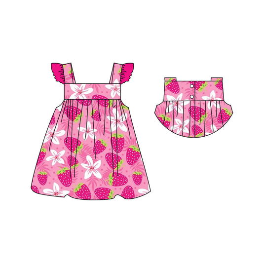 (Pre-order)GSD1090  Strawberry Print Girls Knee Length Summer Dress
