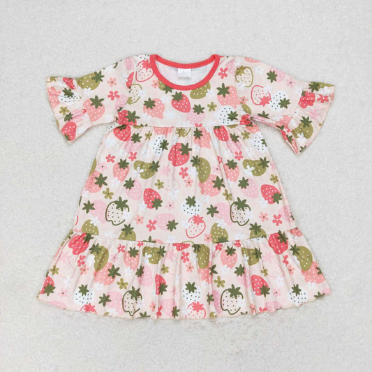 GSD1098  Strawberry Print Girls Knee Length Summer Dress