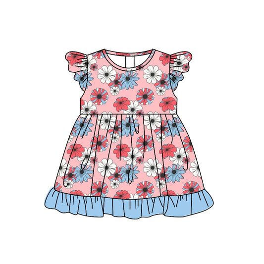(Pre-order)GSD1110  Flowers Print Girls Knee Length Summer Dress