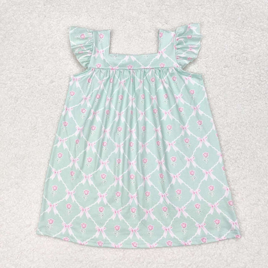 GSD1112  Green Flowers Bows Print Girls Knee Length Summer Dress