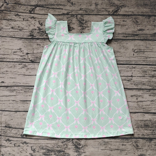 (Pre-order)GSD1112  Green Flowers Print Girls Knee Length Summer Dress