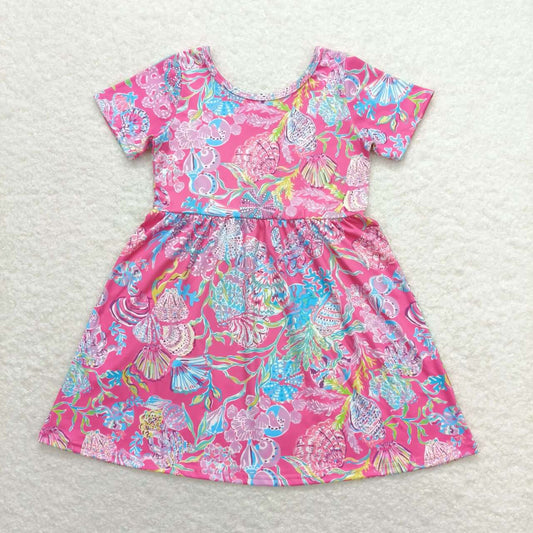 GSD1115  Hot Pink Shell Seaweed Print Girls Knee Length Summer Dress