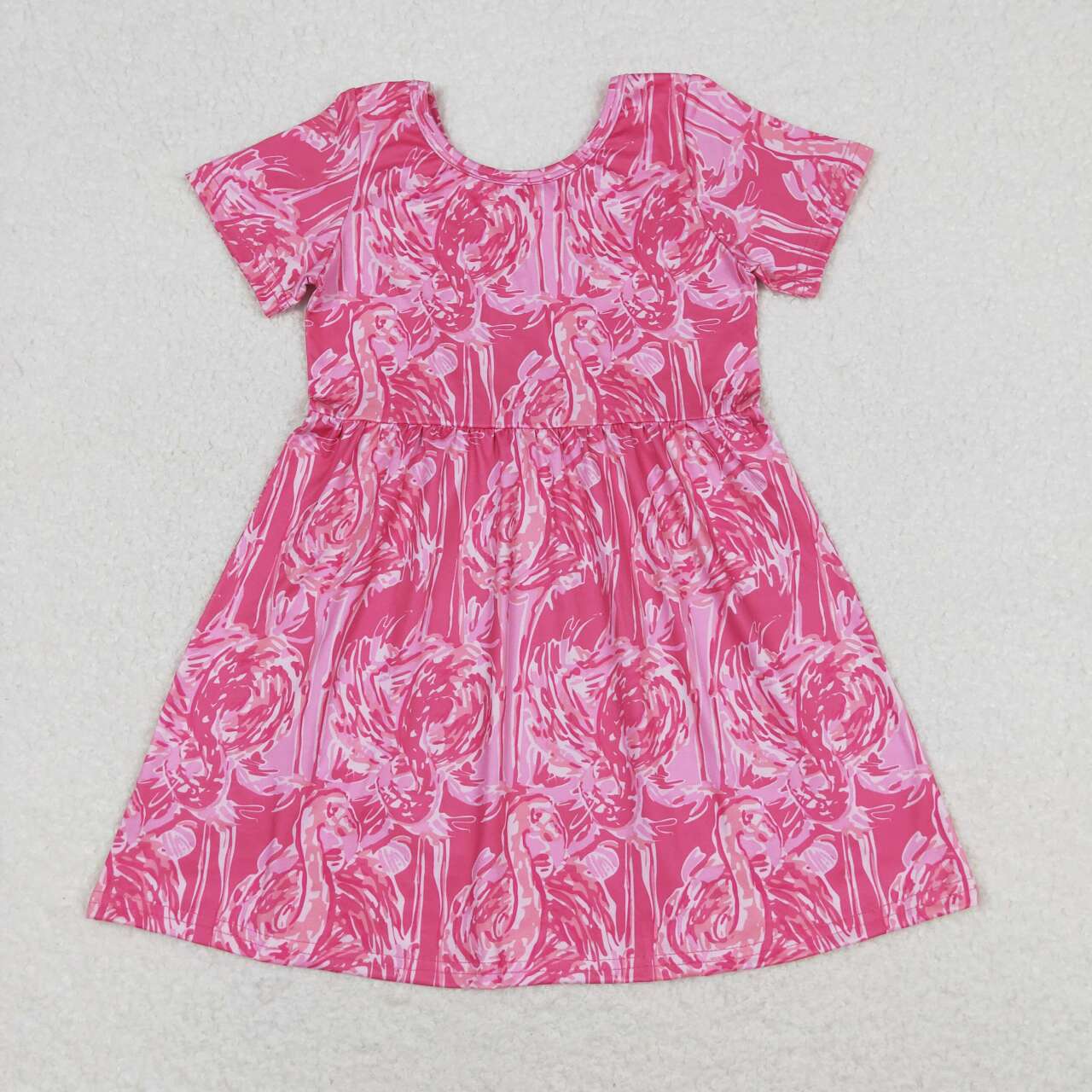 GSD1116  Flamingo Hot Pink Print Girls Knee Length Summer Dress