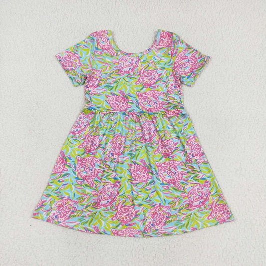 GSD1118   Turtle Seaweed Print Girls Knee Length Summer Dress