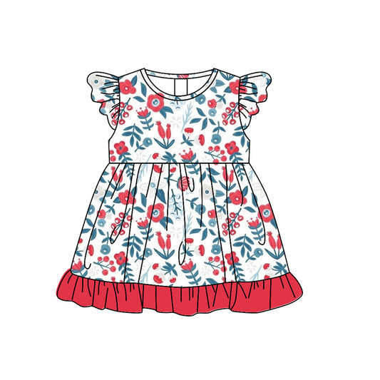 (Pre-order)GSD1121  Flowers Print Girls Knee Length Summer Dress