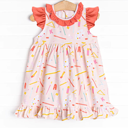 (Pre-order)GSD1123  Pen Ruler Print Girls Knee Length Back to School Dress