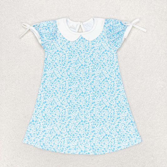 GSD1132  Blue Flowers Print Girls Knee Length Summer Dress