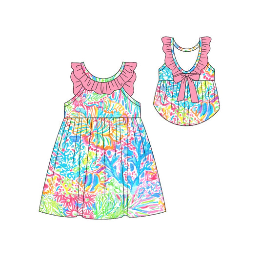 (Pre-order)GSD1136  Colorful Coral Print Girls Knee Length Backless Summer Dress