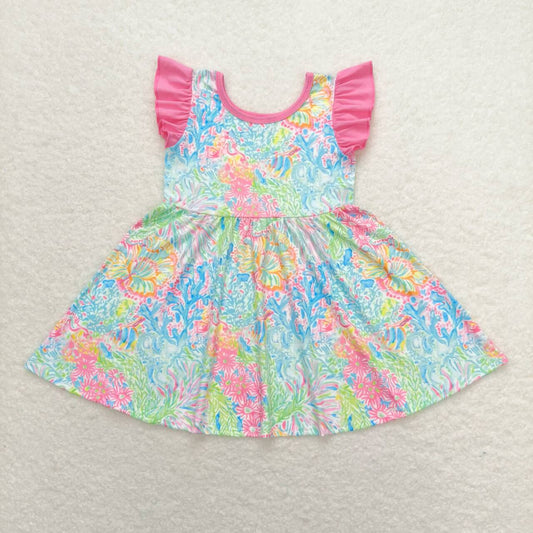 GSD1137  Colorful Water Seaweed Flowers Print Girls Knee Length Summer Dress