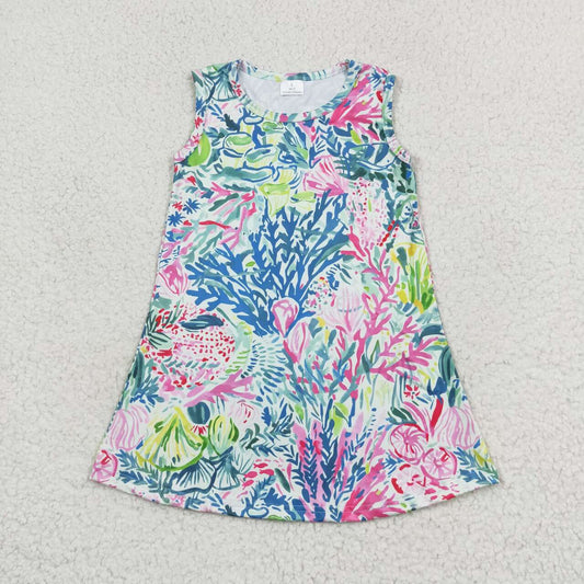 GSD1139  Colorful Seaweed Print Girls Knee Length Summer Dress