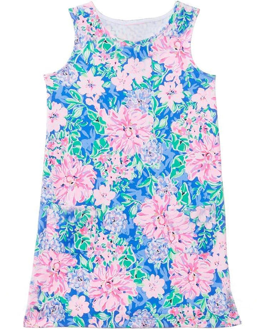 (Pre-order)GSD1140  Pink Flowers Print Girls Knee Length Summer Dress