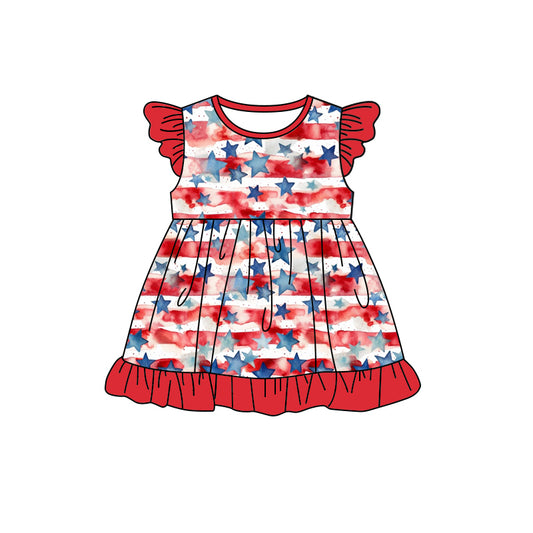 (Pre-order)GSD1141  Stars Print Girls Knee Length 4th of July Dress