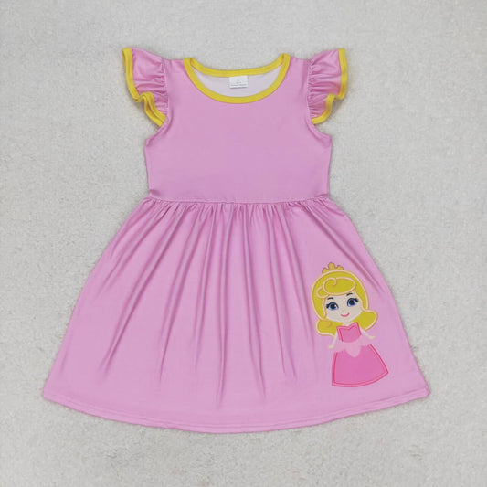 GSD1146  Cartoon Princess Pink Print Girls Knee Length Summer Dress