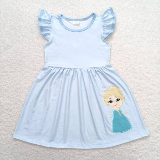 GSD1147  Cartoon Princess Light Blue Print Girls Knee Length Summer Dress