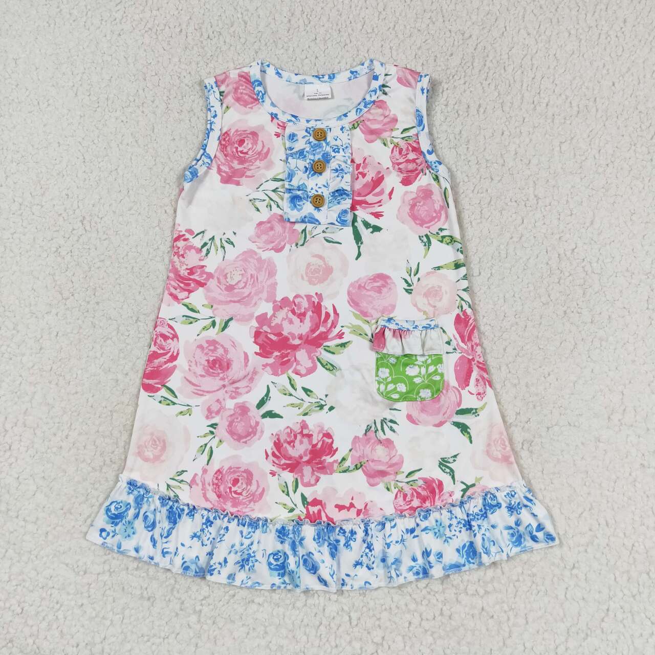 GSD1154  Flowers Print Pocket Girls Knee Length Summer Dress