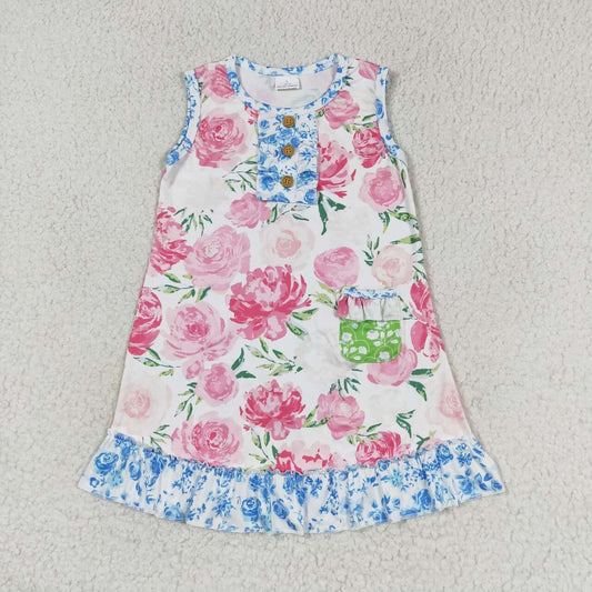 GSD1154  Flowers Print Pocket Girls Knee Length Summer Dress