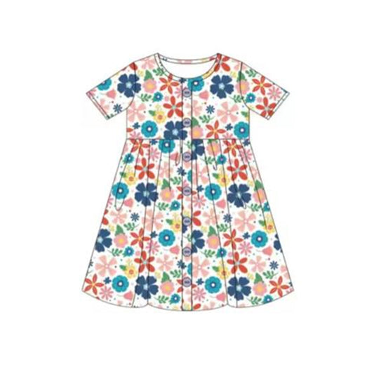 (Pre-order)GSD1155  Flowers Print Girls Knee Length Summer Dress