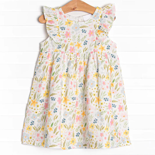 (Pre-order)GSD1159  Colorful Flowers Print Girls Knee Length Summer Dress