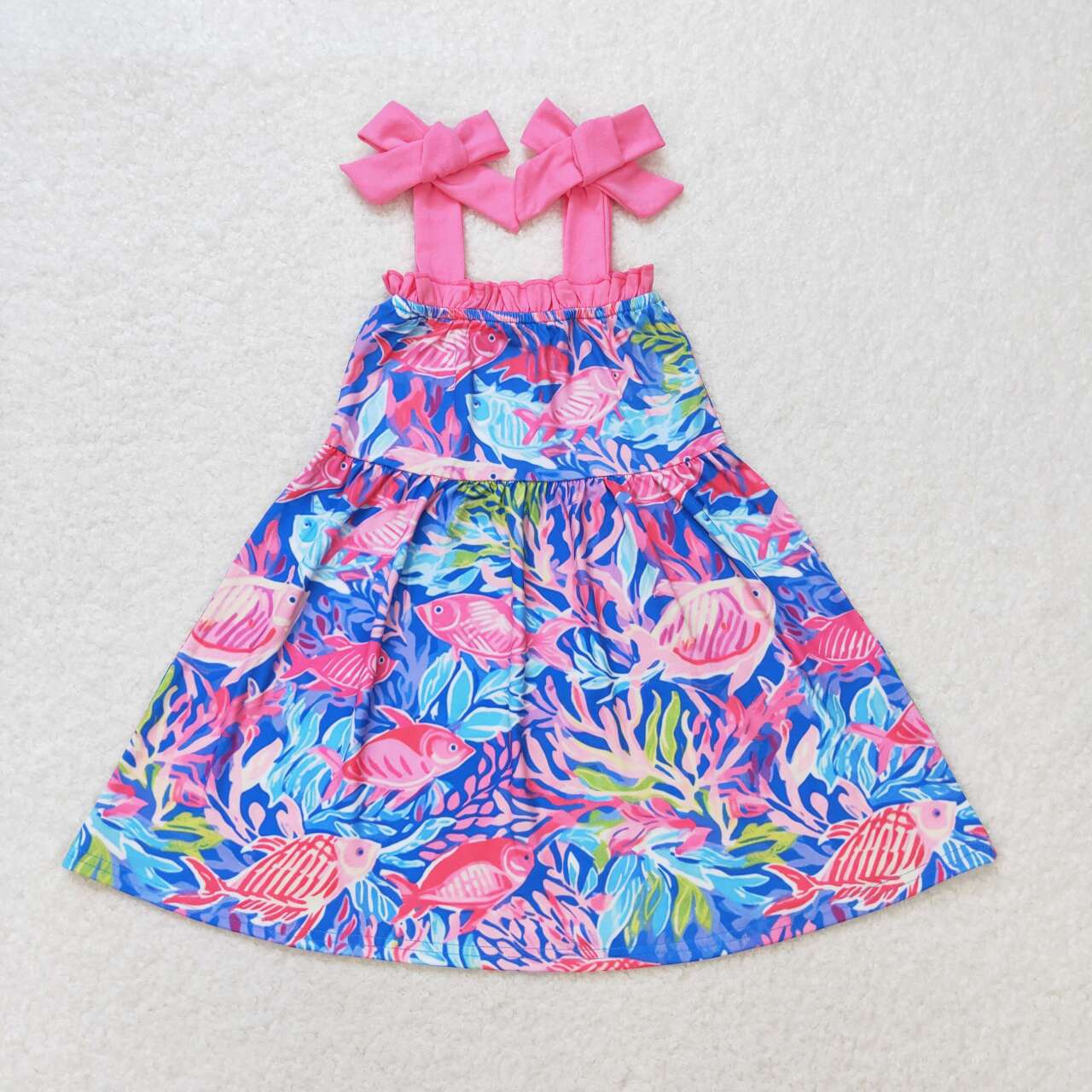 GSD1172  Fish Seaweed Print Girls Knee Length Summer Strap Dress