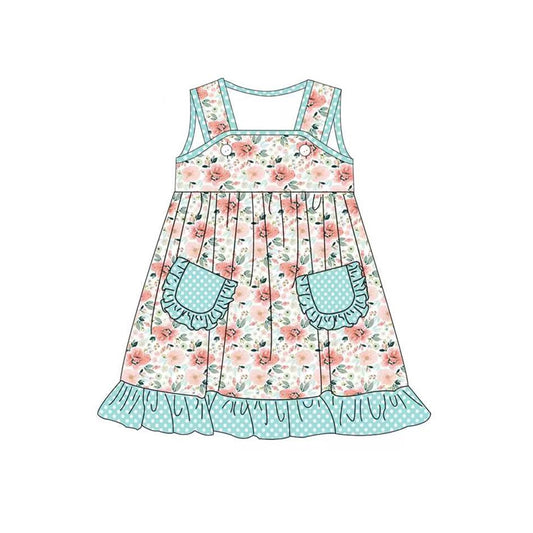 (Pre-order)GSD1180  Flowers Print Pockets Girls Knee Length Summer Dress