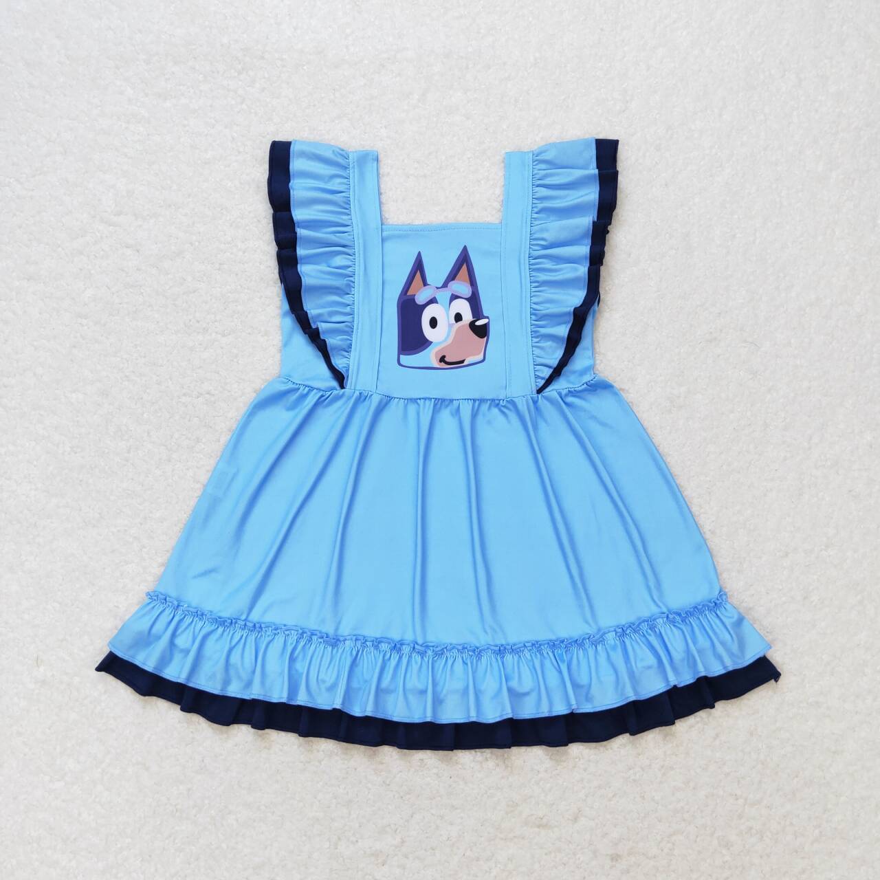 GSD1185  Cartoon Dog Blue Color Girls Knee Length Summer Dress