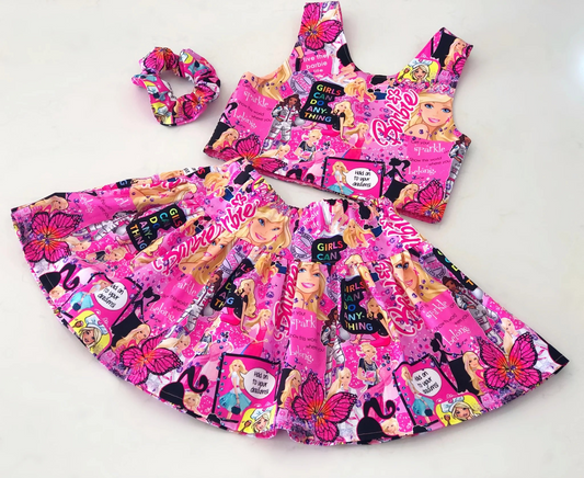 (Pre-order)GSD1200 Pink BA Print Skirts Girls Summer Clothes Set