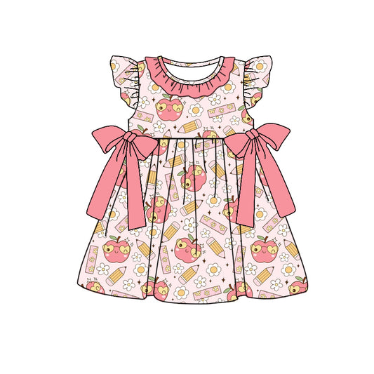 (Pre-order)GSD1201  Flowers Apple Rule Print Girls Knee Length Back to School Dress