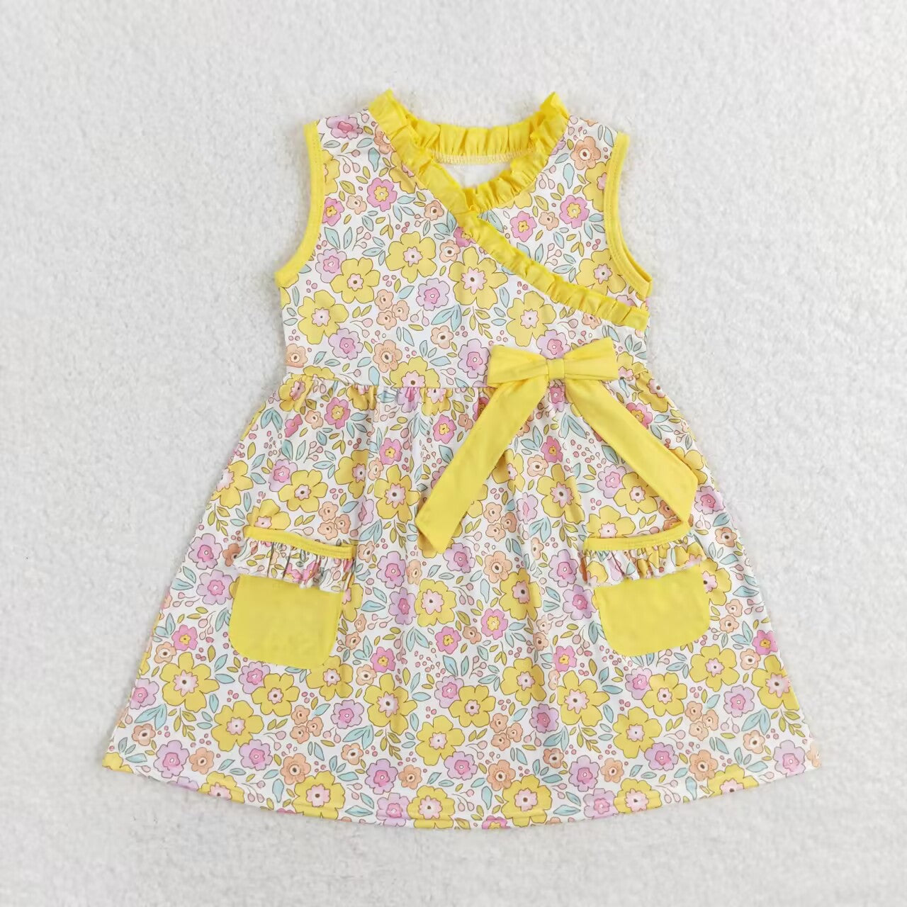 GSD1216  Yellow Flowers Print Girls Knee Length Summer Dress