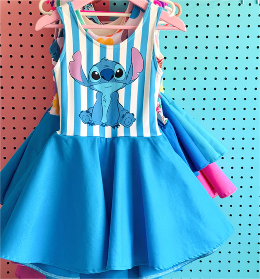 (Custom Design Preorder MOQ 5) Cartoon Animals Blue Print Pink Girls Knee Length Summer Dress