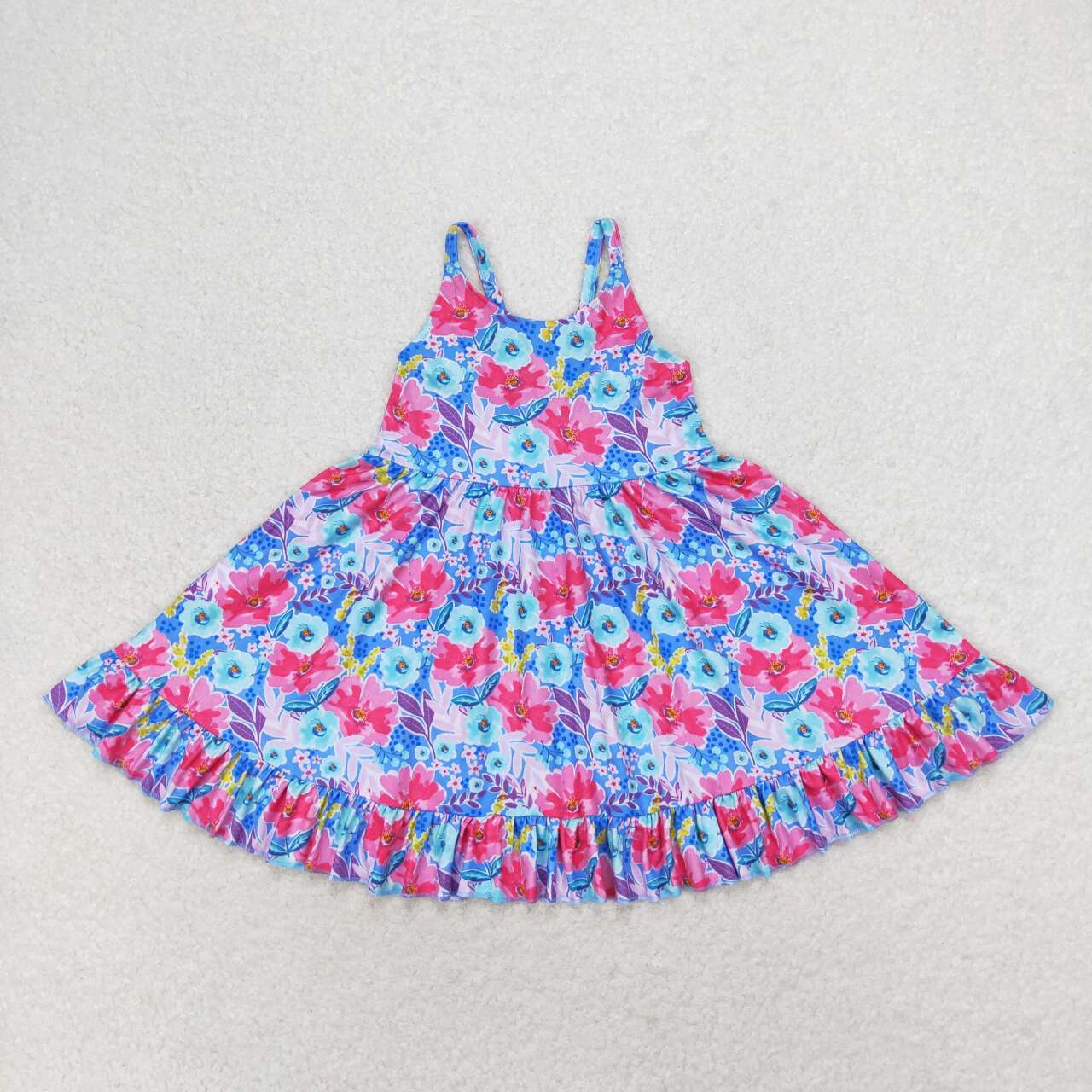 GSD1226  Hotpink Blue Flowers Print Girls Knee Length Summer Dress