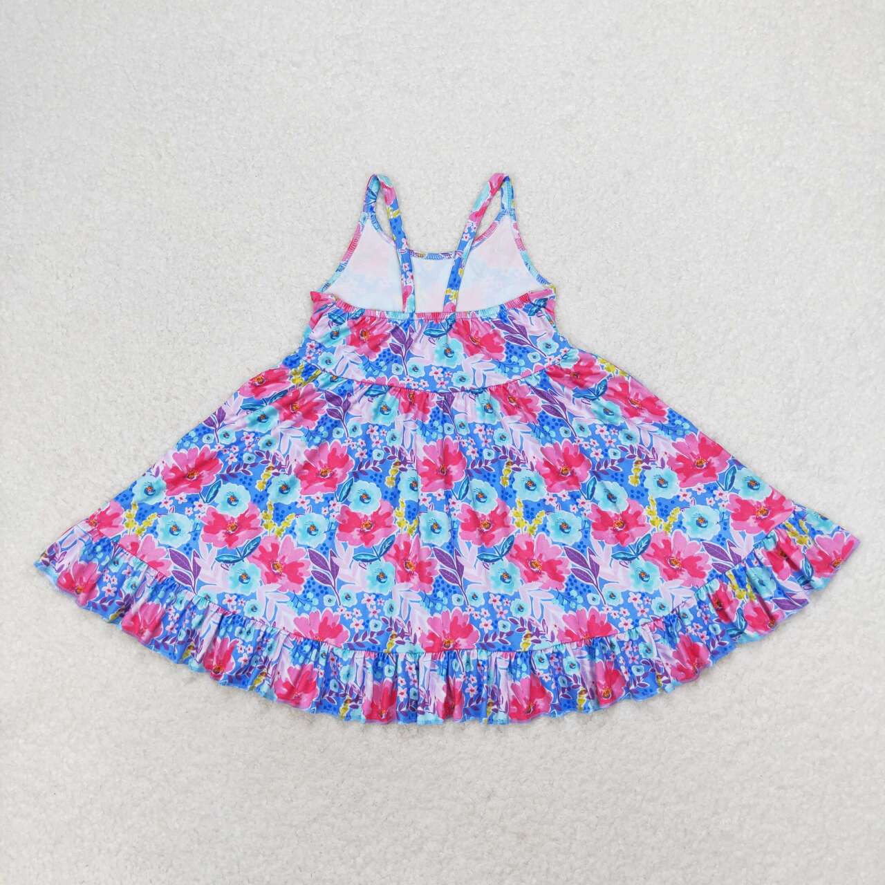 GSD1226  Hotpink Blue Flowers Print Girls Knee Length Summer Dress