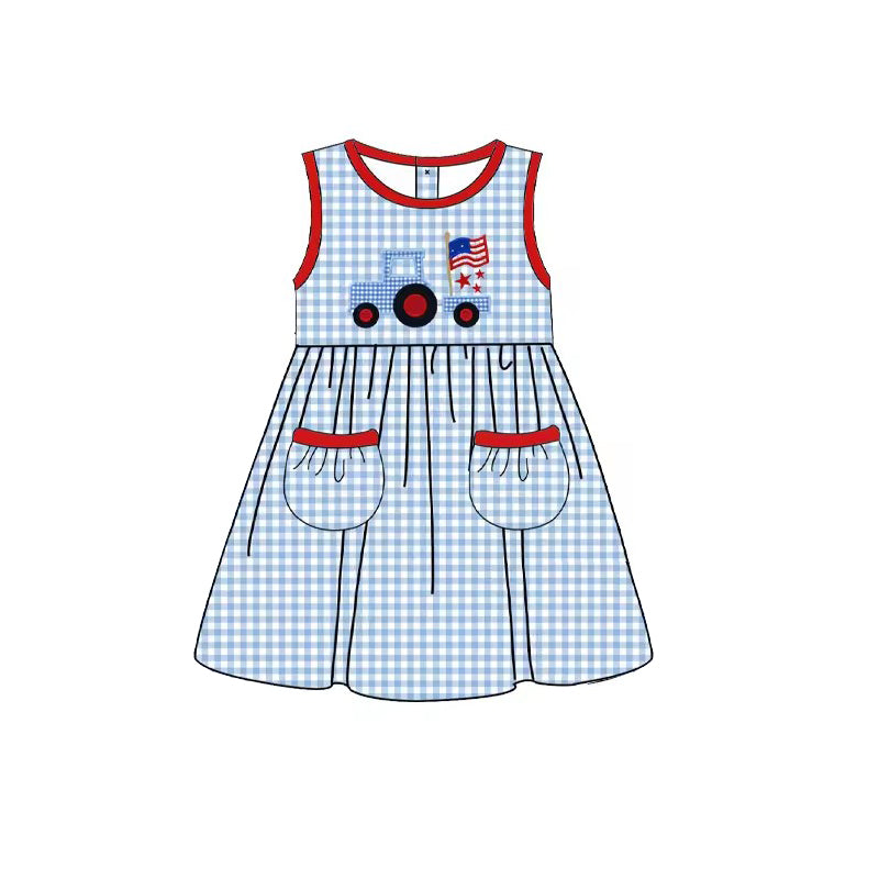 (Pre-order)GSD1227 Truck Flag Blue Plaid Print Girls Knee Length 4th of July Dress