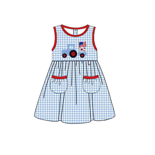 (Pre-order)GSD1227 Truck Flag Blue Plaid Print Girls Knee Length 4th of July Dress