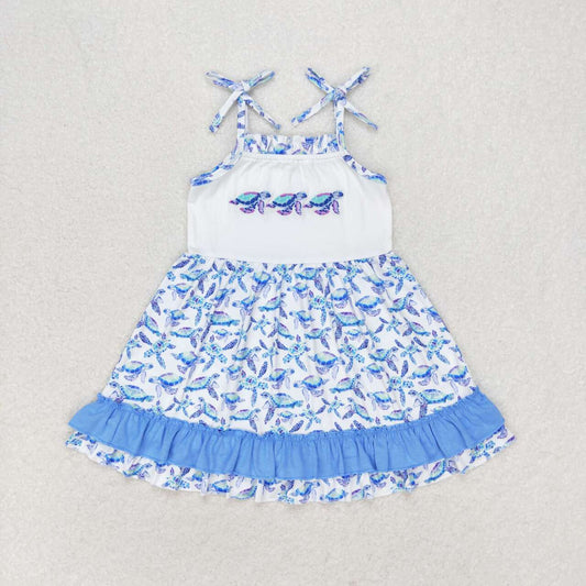 GSD1233 Sea Turtle Embroidery Girls Knee Length Summer Dress