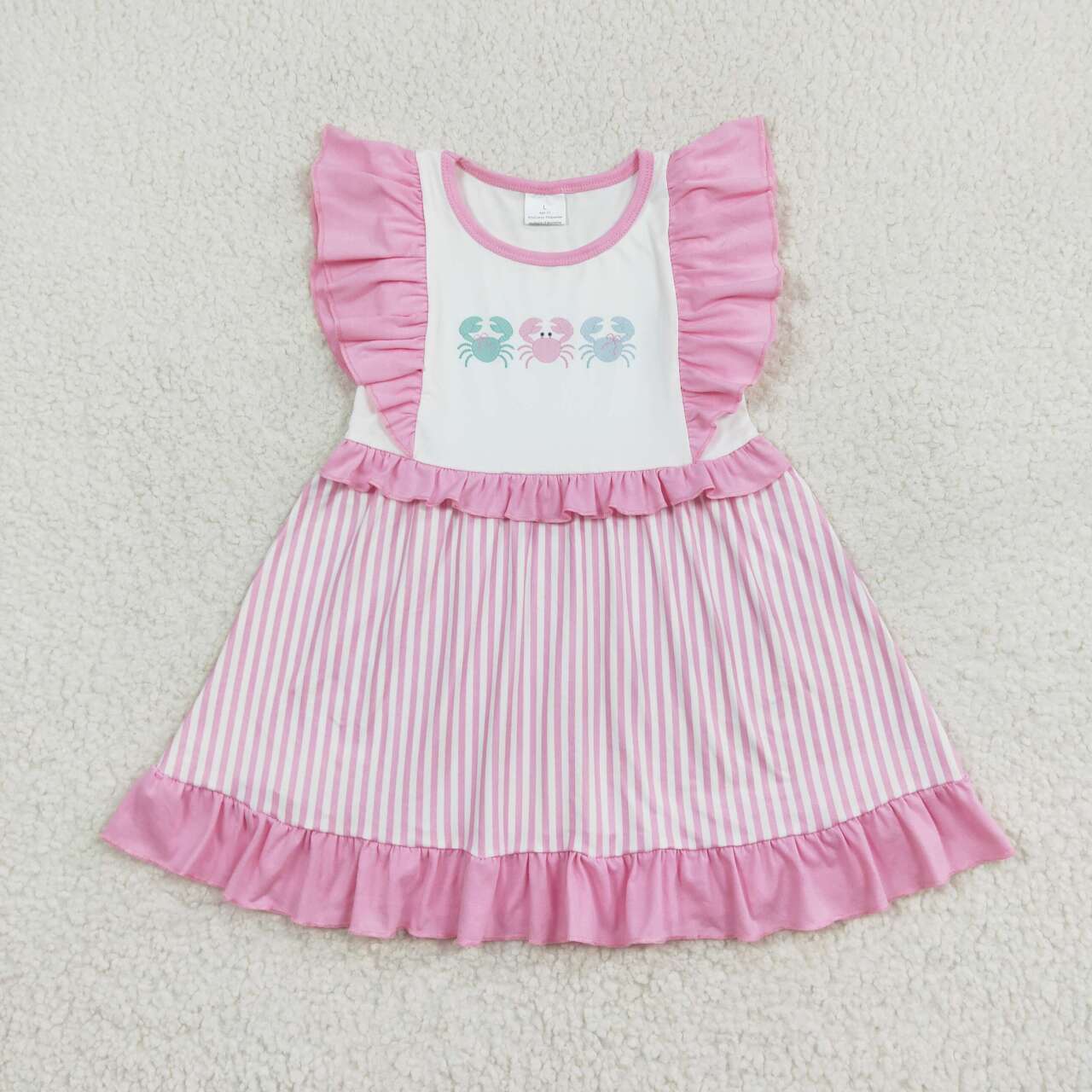 GSD1241 Crab Pink Stripes Print Girls Knee Length Summer Dress