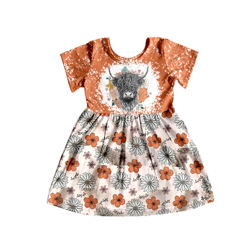 (Pre-order)GSD1253 Highland Cow Flowers Print Girls Knee Length Fall Dress