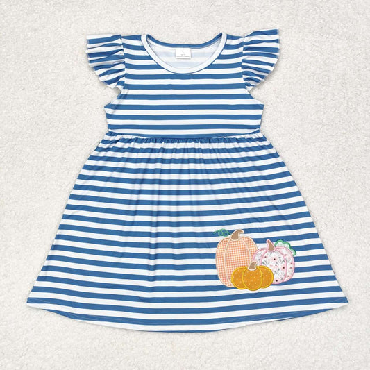 GSD1254 Pumpkin Embroidery Stripes Print Girls Knee Length Fall Dress