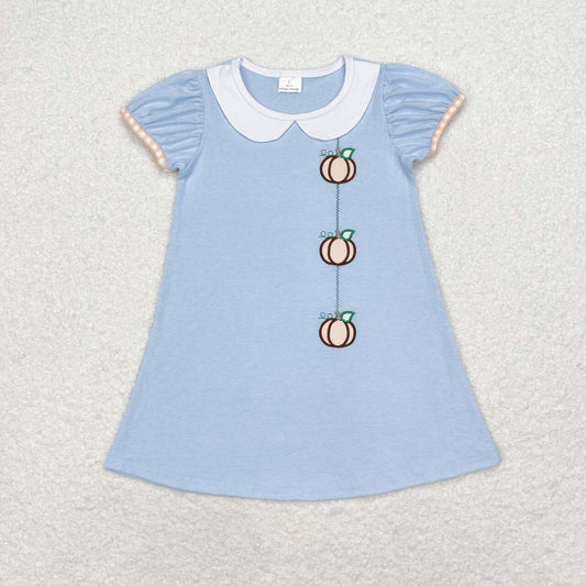 GSD1257 Pumpkin Blue Plaid Print Girls Knee Length Fall Dress