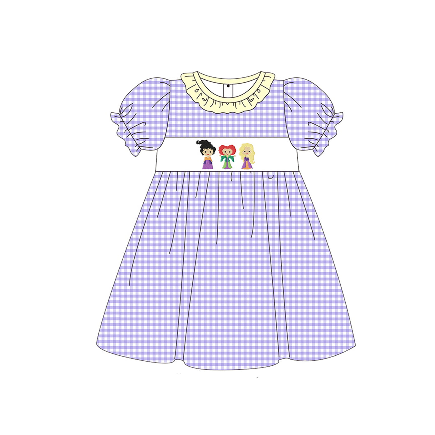 (Pre-order)GSD1258 Cartoon Witch Purple Plaid Print Girls Knee Length Halloween Dress