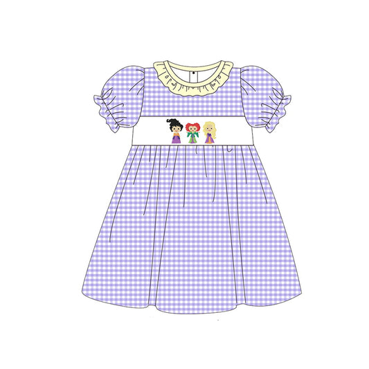 (Pre-order)GSD1258 Cartoon Witch Purple Plaid Print Girls Knee Length Halloween Dress