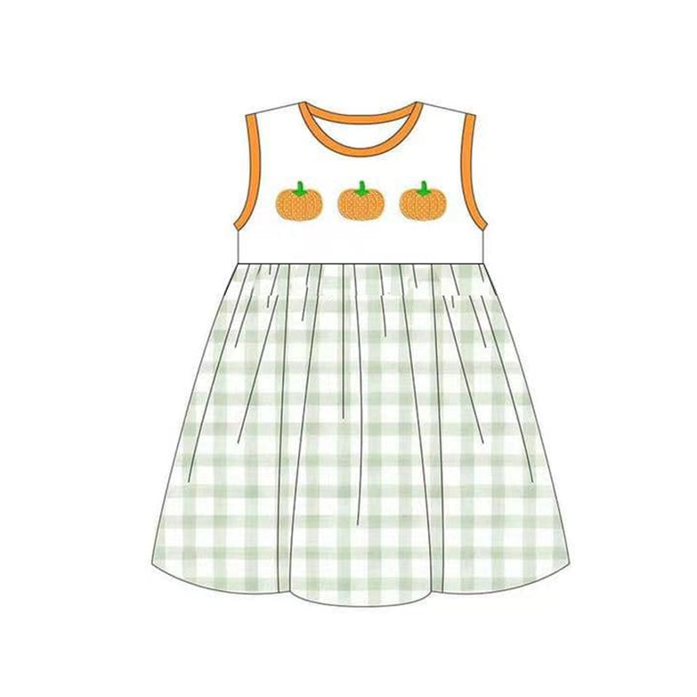 (Pre-order)GSD1268  Pumpkin Plaid Print Girls Knee Length Fall Dress