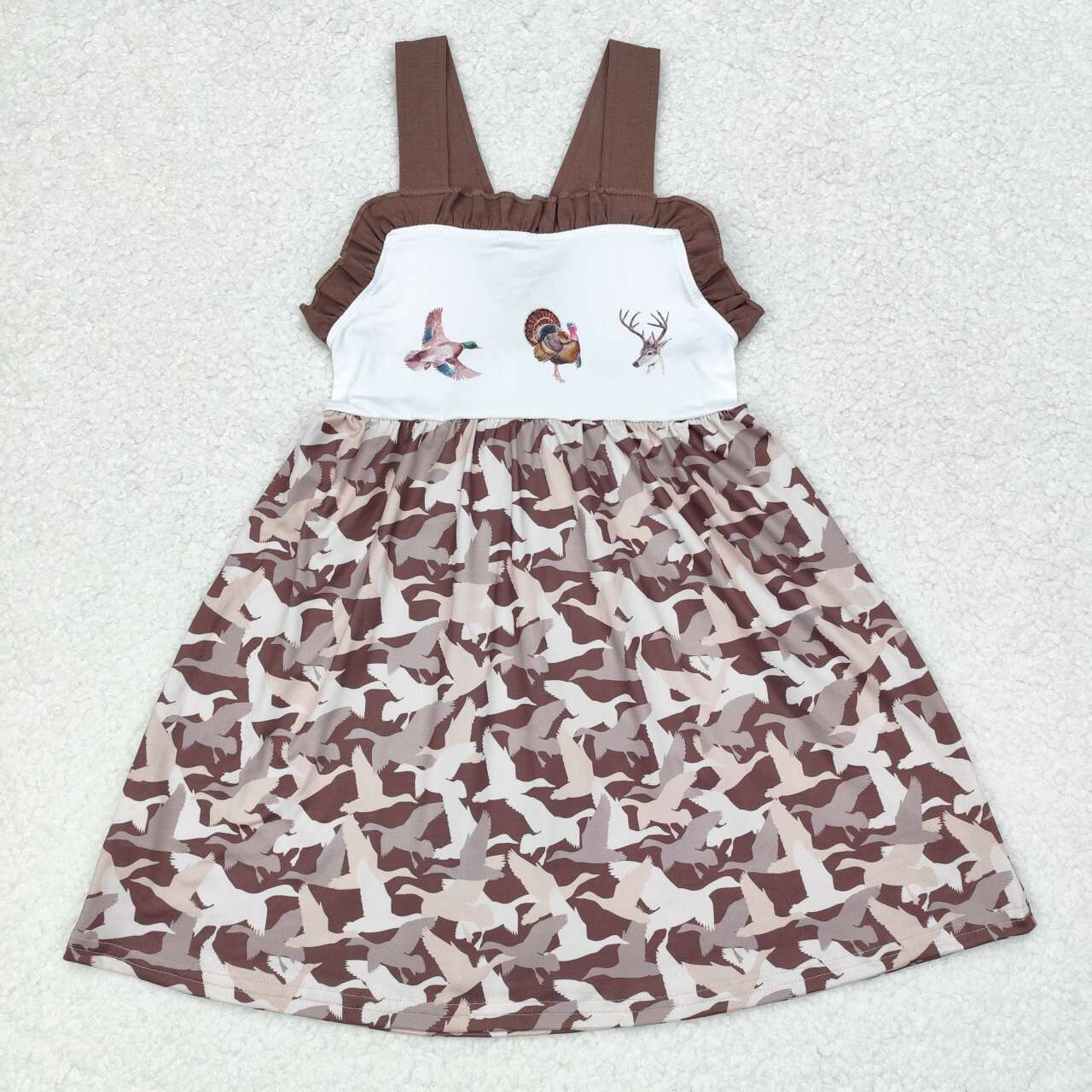 GSD1272 Brown Camo Duck Turkey Deer Print Girls Knee Length Summer Dress