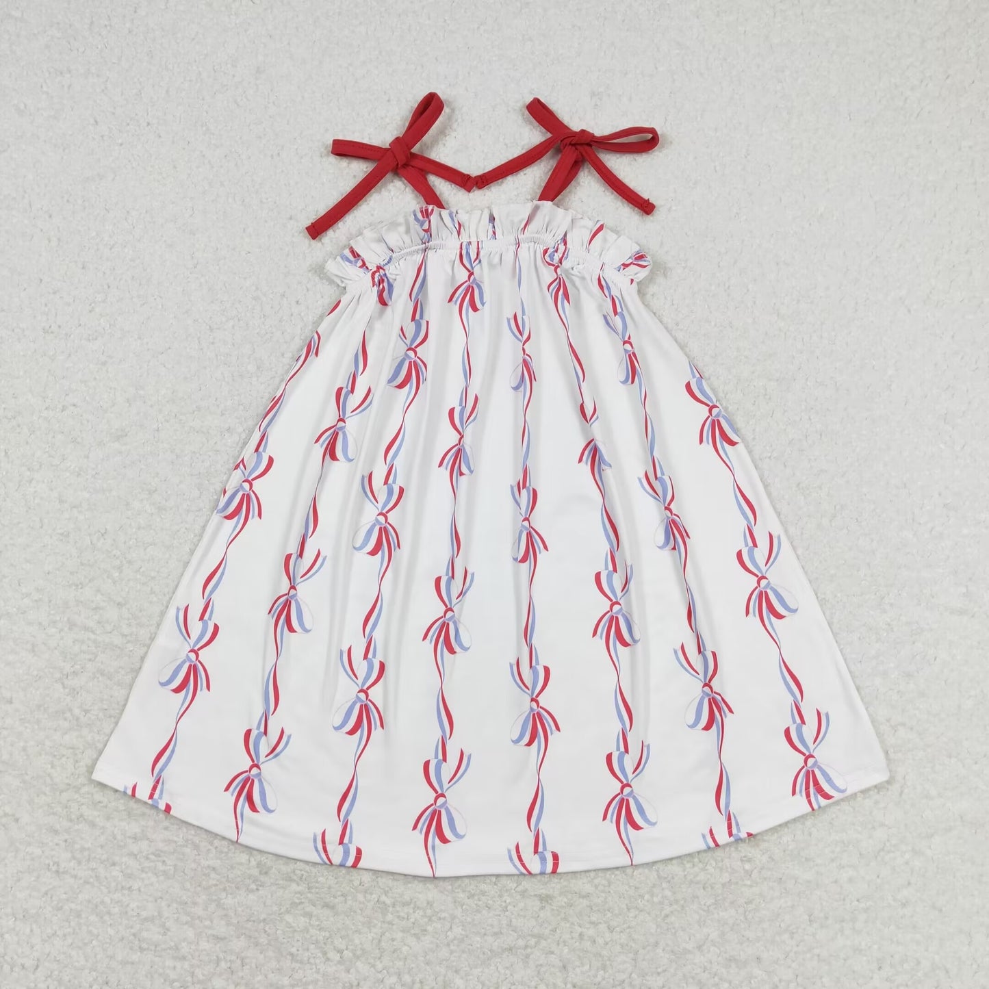 GSD1274  Bows Print Girls Knee Length 4th of July Strap Dress