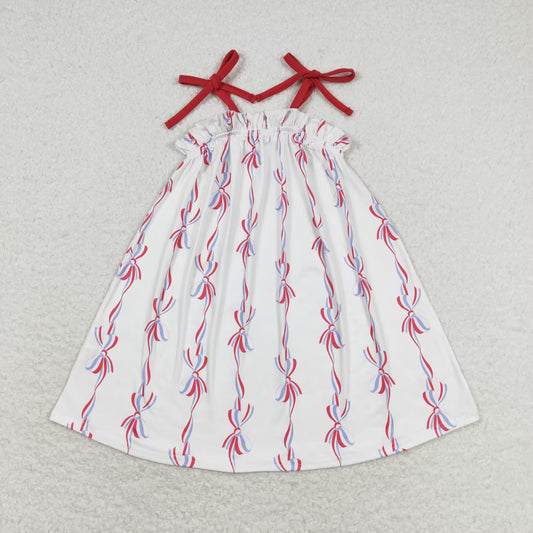 GSD1274  Bows Print Girls Knee Length 4th of July Strap Dress