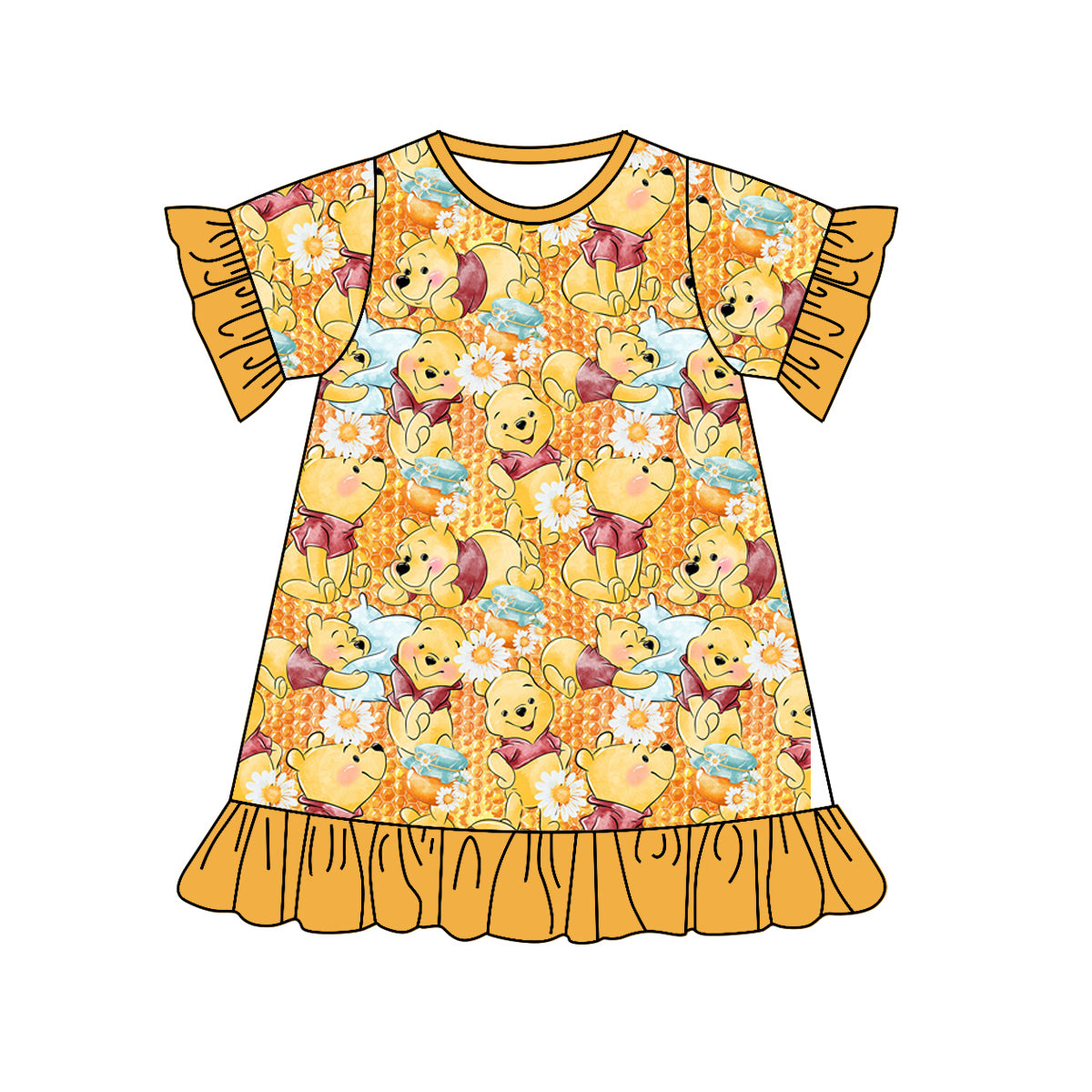 (Custom Design Preorder MOQ 5) Cartoon Bear Print Girls Knee Length Summer Dress