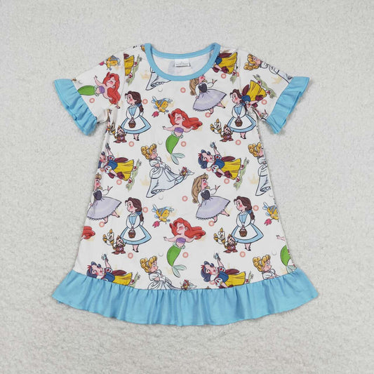 GSD1291 Cartoon Princess Print Girls Knee Length Summer Dress