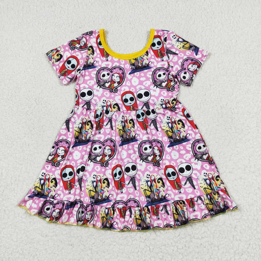 GSD1317 Pink Leopard Heart Cartoon Characters Print Girls Knee Length Halloween Dress
