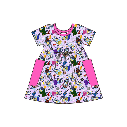 (Pre-order)GSD1319 Cartoon Dog ERA Print Pockets Girls Knee Length Dress