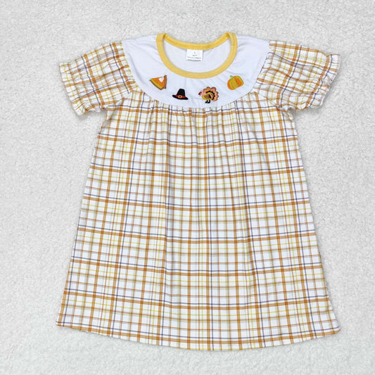 GSD1322 Turkey Embroidery Plaid Print Girls Thanksgiving Knee Length Dress