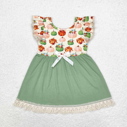 GSD1326 Pumpkin Flowers Print Girls Knee Length Fall Dress